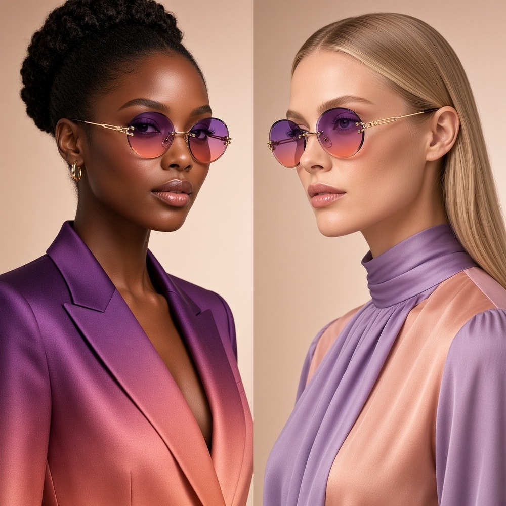 Oval Sunglasses Women Purple Pink Rimless Gold Gradient UV400 Tinted Frameless